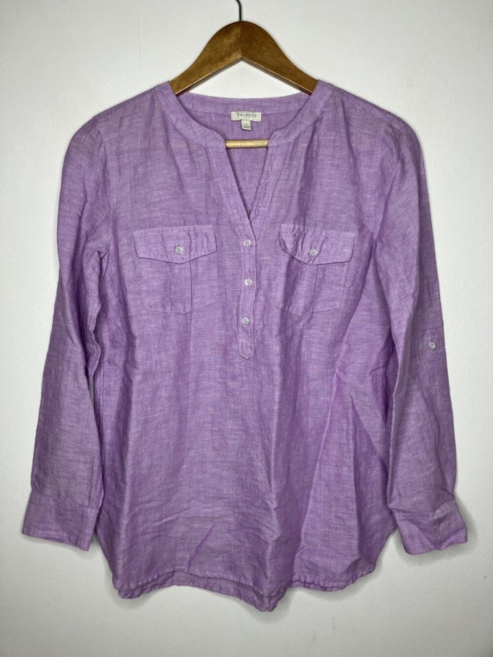 Talbots Women's Small Lavender Linen Blend Roll-Tab Sleeve Split Neck Blouse Top